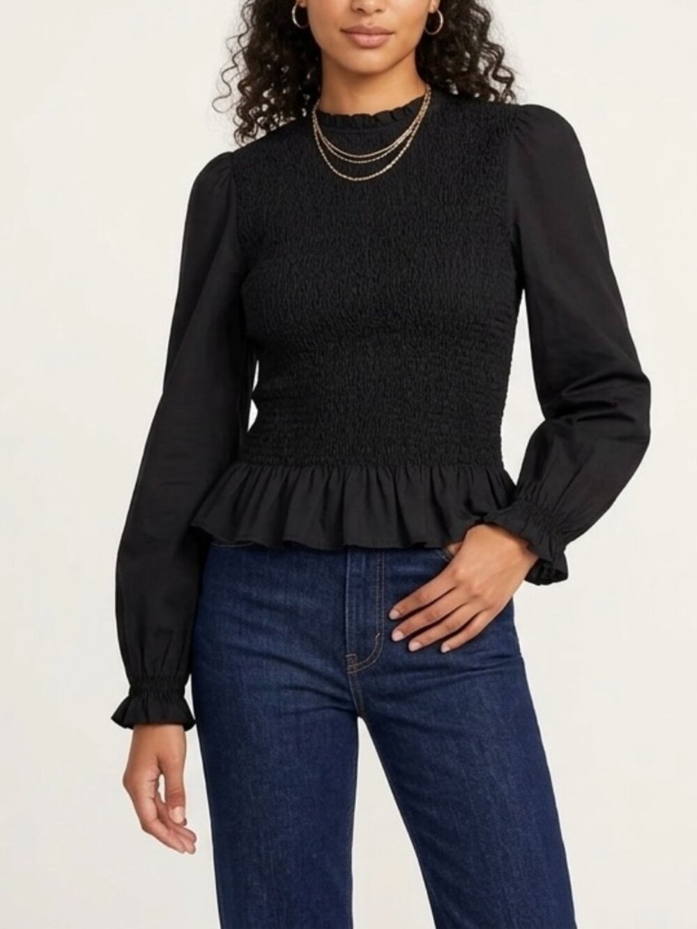 NWT Old Navy Black Smocked Ruffle Peplum Hem Top 100% Cotton Large Cottagecore